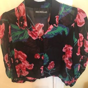 Silk floral ballon sleeve top
